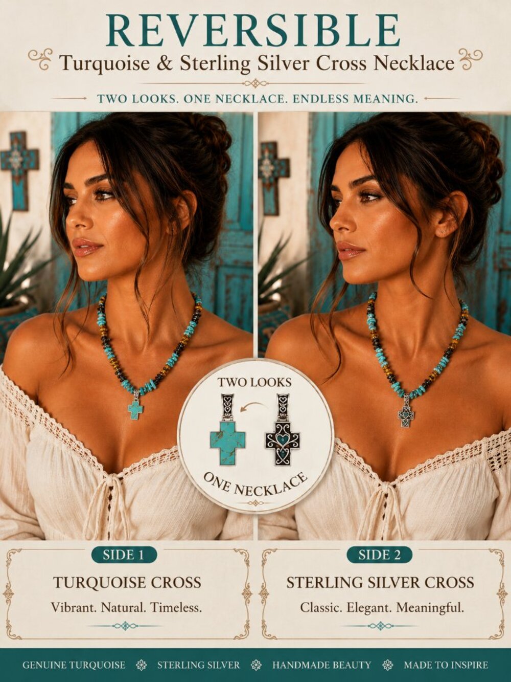 Reversible Turquoise & Sterling Silver Cross Necklace – Artisan Elegance (17”)